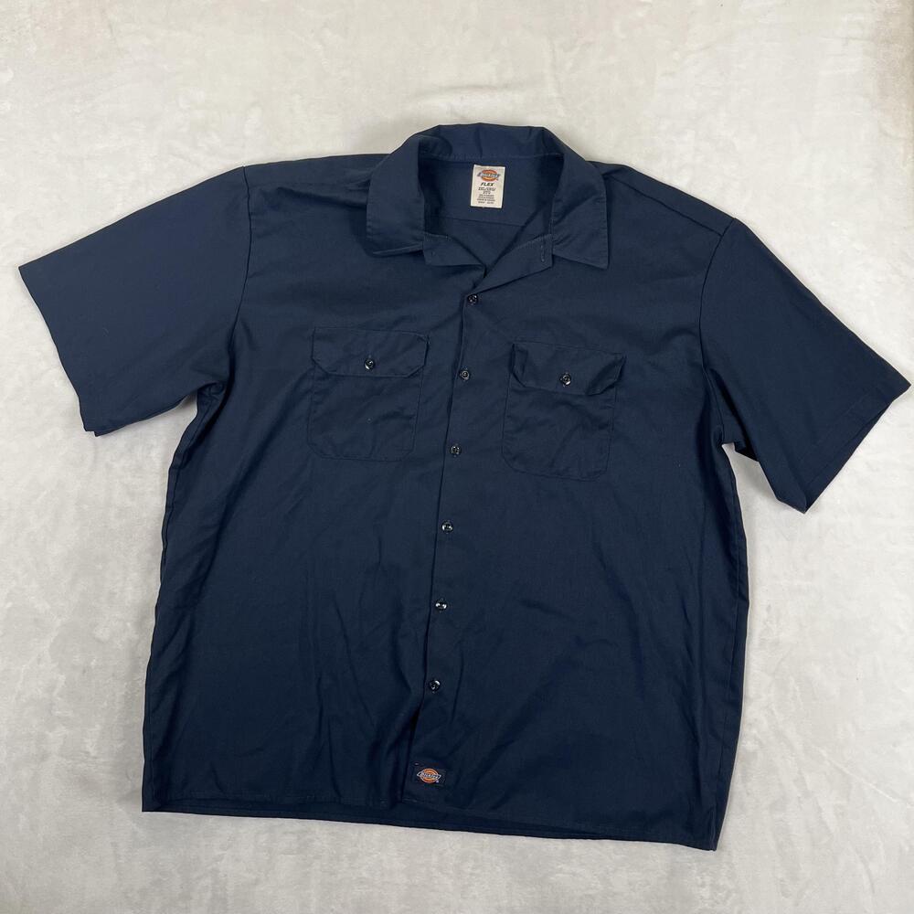 Dickies Shirt Mens 2XL Blue Solid Short Sleeve Button Front Workwear Casual